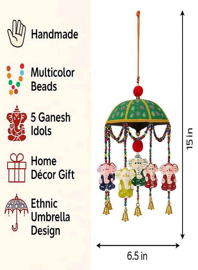 CDM Traditional Decorative Hanging Umbrella with Ganesh Idols - Multicolor Beaded Design with Bells for Home Décor - Handmade Indian Craft - Image 3